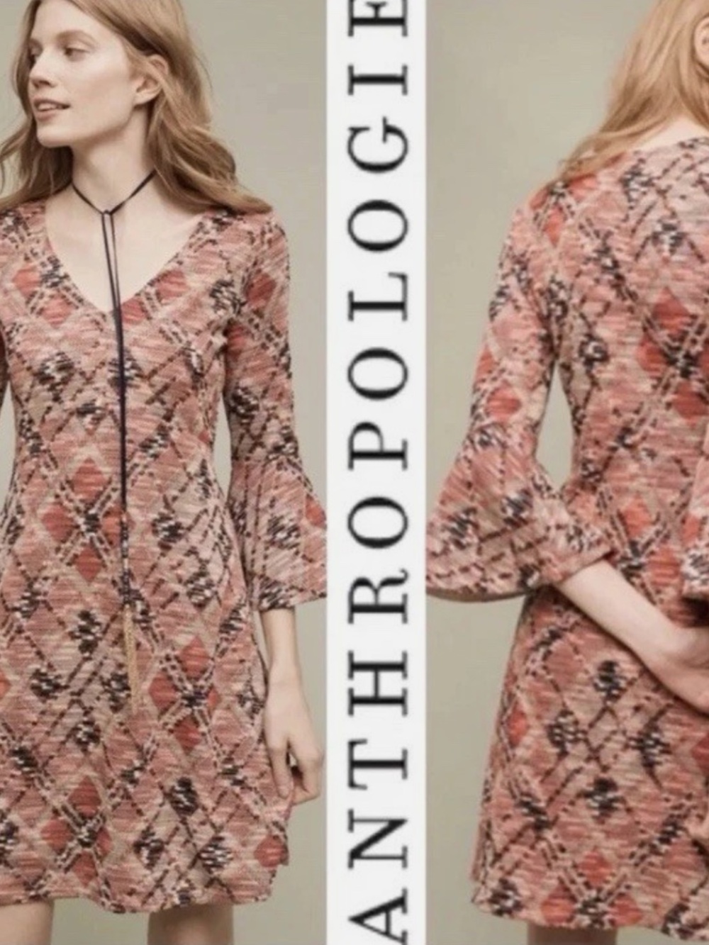 Anthropologie Maeve Erina Knit Bell Sleeve V-Neck Pastel Orange Minidress